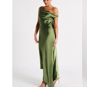 Meshki Yvette Slip Maxi Dress with Asymmetrical Hem in Emerald